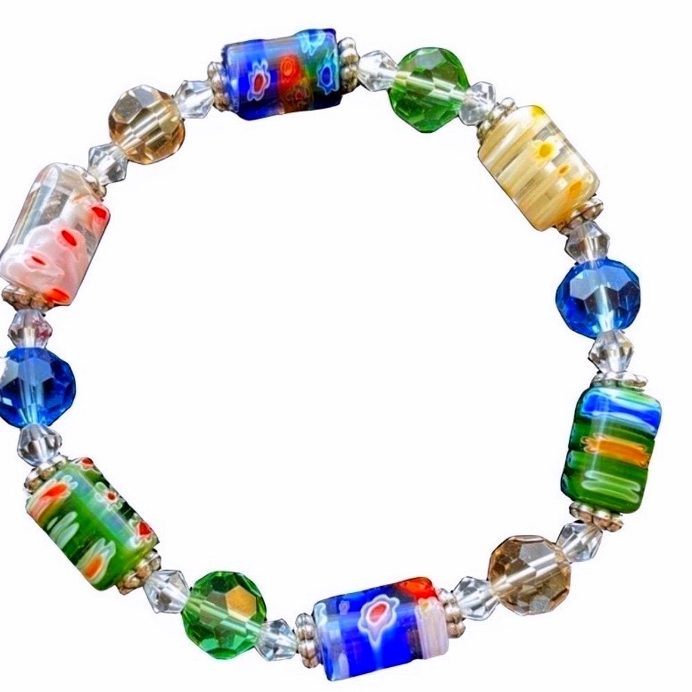 Embedded Flowers Bracelet Stretch Beaded Festive Multicolor Jewelry